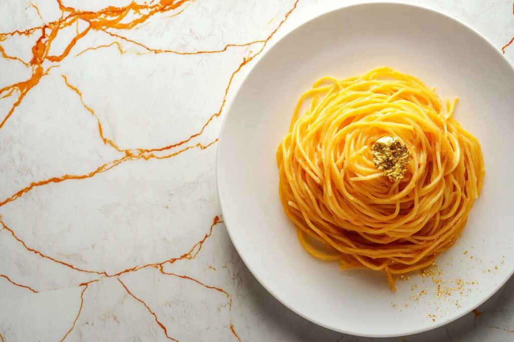 A beautifully arranged nest of golden spaghetti topped with edible gold flakes, served on a white plate with a marble background.