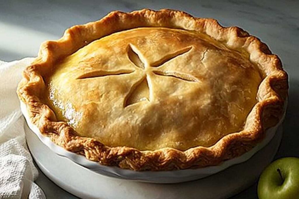 A Regular Apple Pie with a smooth, golden pastry crust and decorative vent slits on top, resting on a white dish with a green apple nearby.