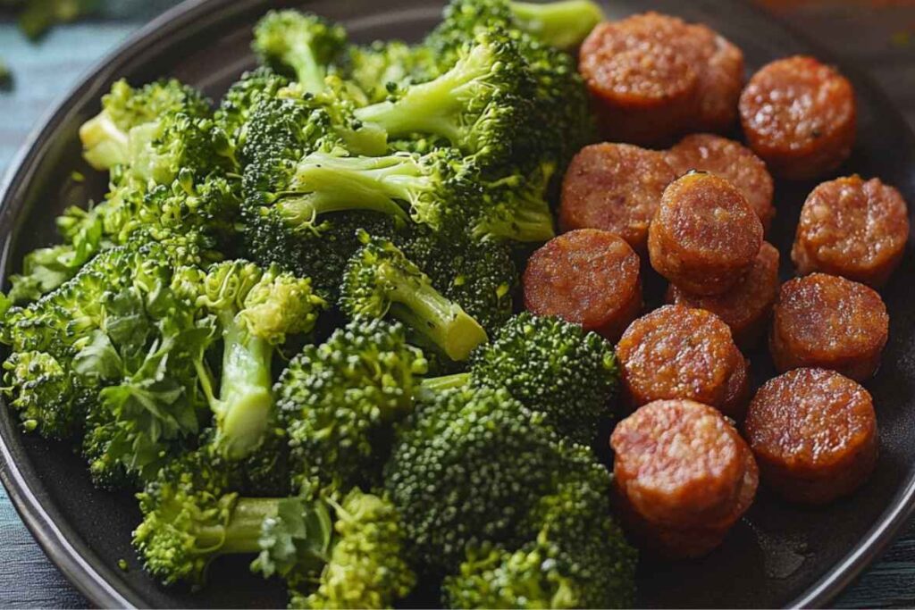 A plate with steamed broccoli and sliced sausage for a stir-fry dish.