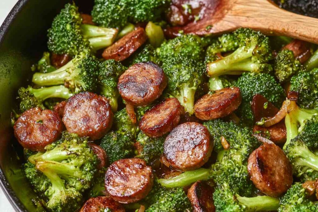 A close-up of sausage and broccoli stir-fry in a skillet.