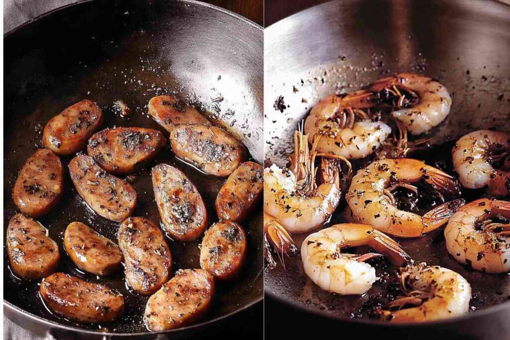 Sautéed sausage and shrimp in a skillet for a flavorful Shrimp and Sausage Pasta dish.