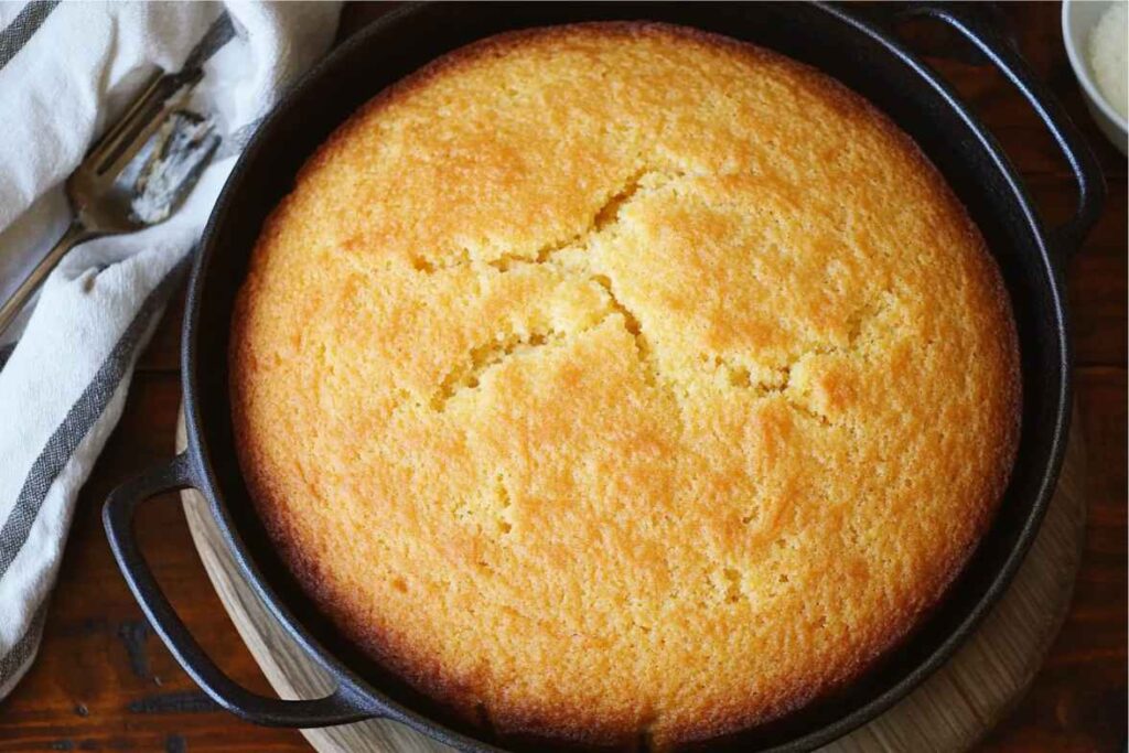 Golden-brown Southern cornbread baked in a cast iron skillet on a wooden table.