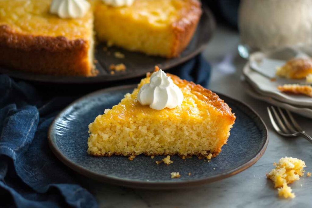 Slice of moist golden cornbread topped with whipped cream on a blue plate, with the remaining cornbread in the background.