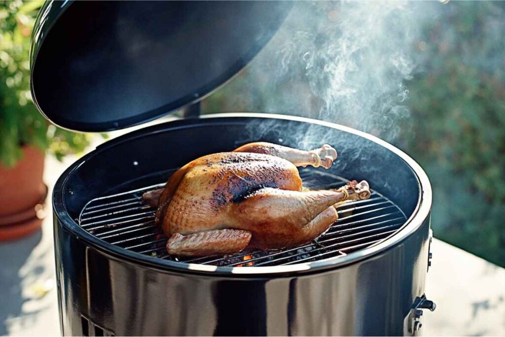 A golden-brown turkey smoking on a black grill with a partially open lid, releasing aromatic smoke into the air.