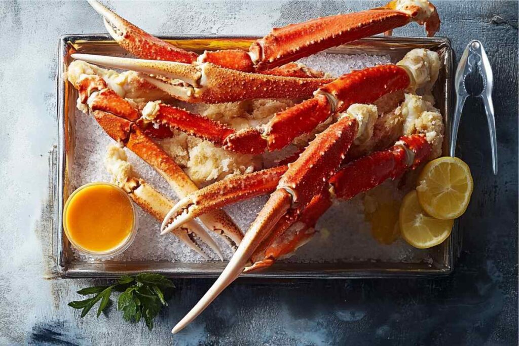 A tray of snow crab legs served with melted butter and lemon slices on a bed of crushed ice.