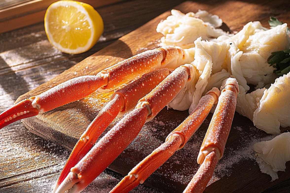 Freshly prepared snow crab legs on a wooden board with a lemon wedge in the background.