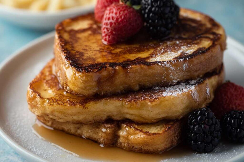 Stacked sourdough French toast topped with fresh blackberries, strawberries, powdered sugar, and maple syrup.