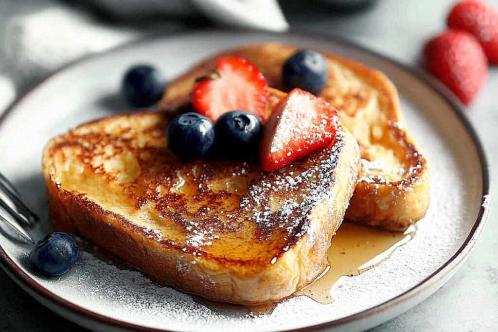 A plate of sourdough French toast topped with fresh strawberries, blueberries, powdered sugar, and drizzled with syrup.