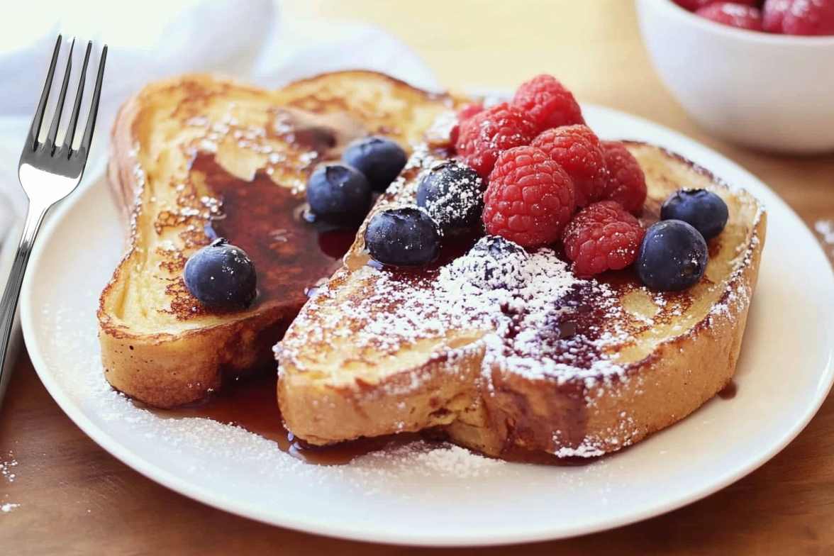 Two slices of sourdough French toast topped with raspberries, blueberries, powdered sugar, and syrup, served on a white plate.