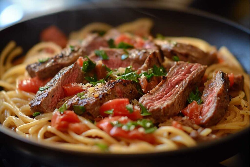 Juicy steak slices on a bed of spaghetti with fresh tomatoes and parsley.