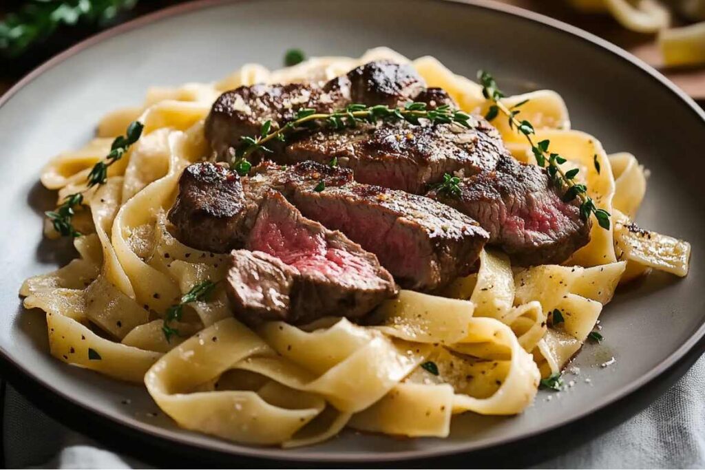 Grilled steak slices served over fettuccine pasta with fresh thyme garnish. Grilled steak slices served over fettuccine pasta with fresh thyme garnish.