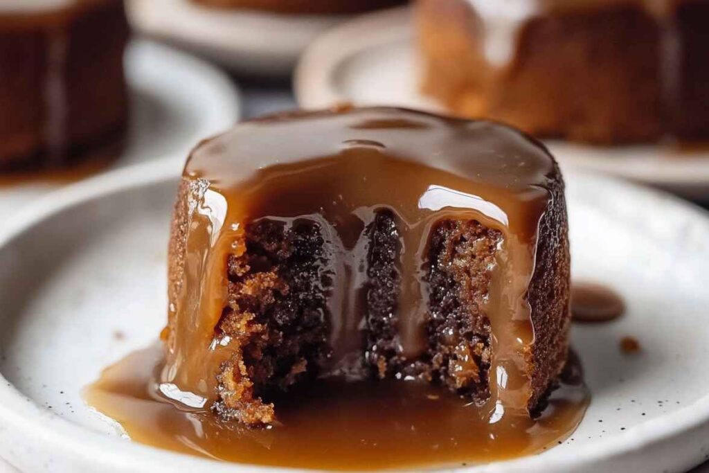 What Is Sticky Toffee Pudding Cake Made Of? A rich and moist sponge cake with a gooey interior, covered in a warm and glossy toffee sauce, served on a white plate