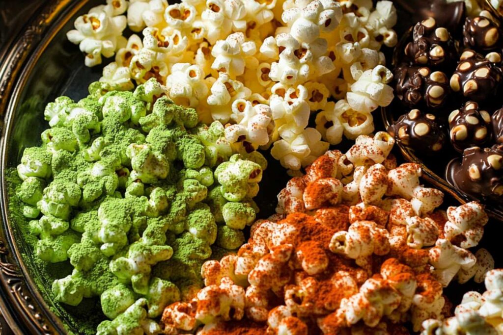 A close-up of a variety of flavored popcorn, including matcha green, classic buttered, paprika-spiced, and chocolate-coated popcorn, displayed on a decorative tray.