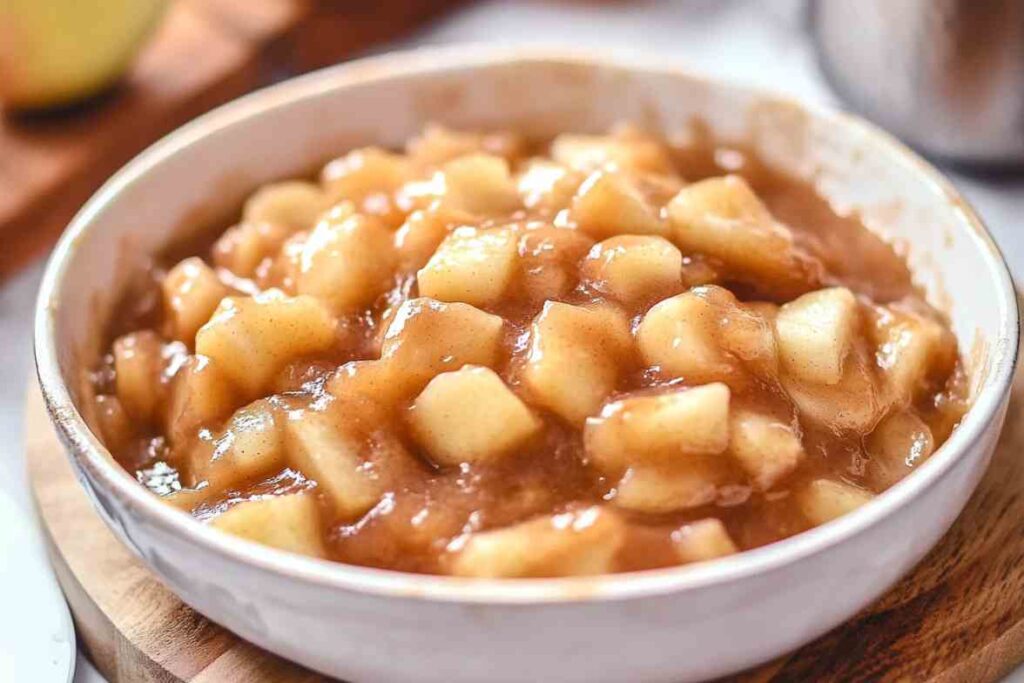 A bowl of Homemade Apple Pie Filling, featuring tender apple chunks coated in a rich, cinnamon-spiced sauce.