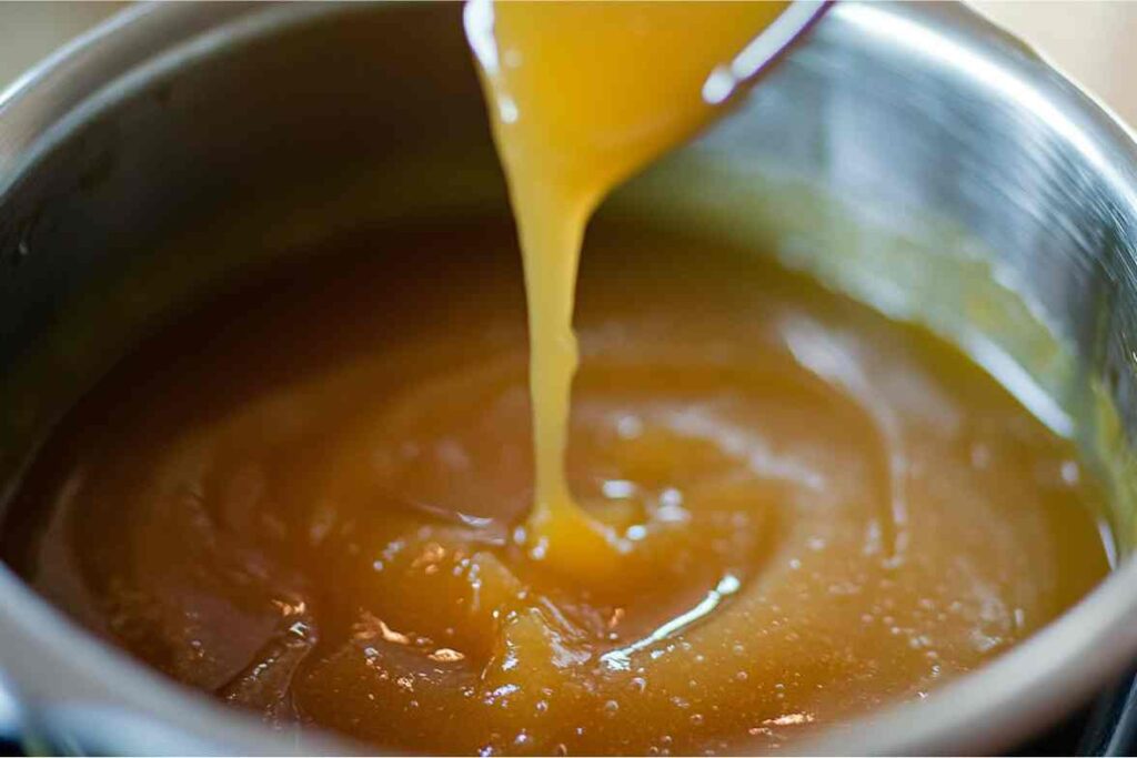 Rich and smooth Homemade Apple Pie Filling being poured from a spoon into a saucepan, showcasing its golden caramelized texture.