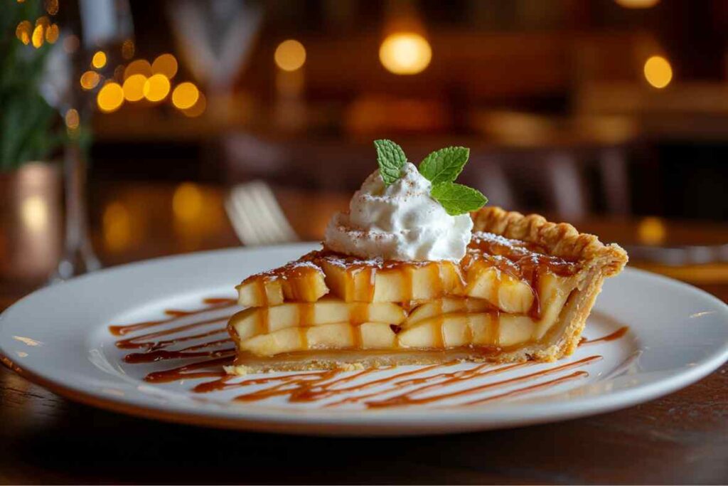 A slice of French apple pie topped with whipped cream and mint, drizzled with caramel sauce, served on a white plate in a warmly lit restaurant.