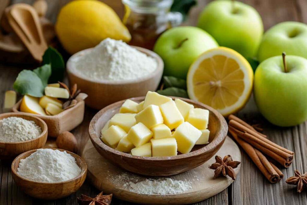 Fresh apple pie ingredients, including cubed butter, green apples, lemons, flour, cinnamon sticks, and star anise arranged on a wooden surface.