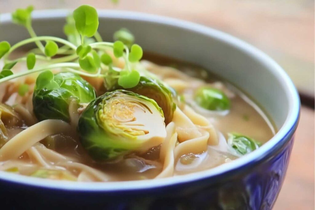 A close-up of brussel sprouts chicken noodle soup with fresh brussel sprouts and noodles in a bowl.