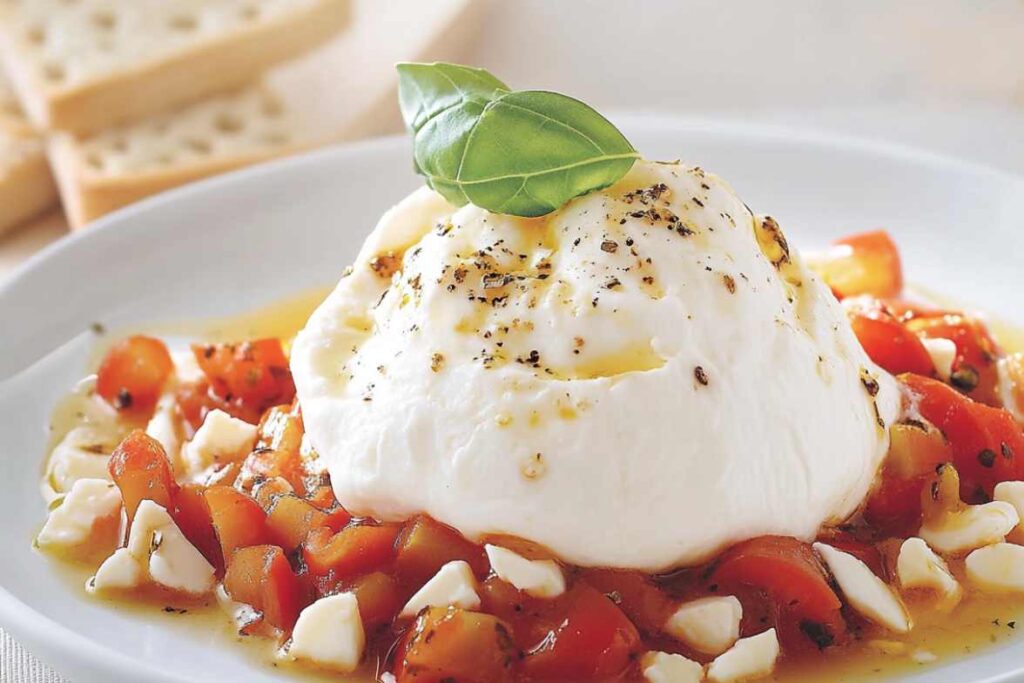 Burrata cheese served on a bed of diced tomatoes and fresh basil leaves.