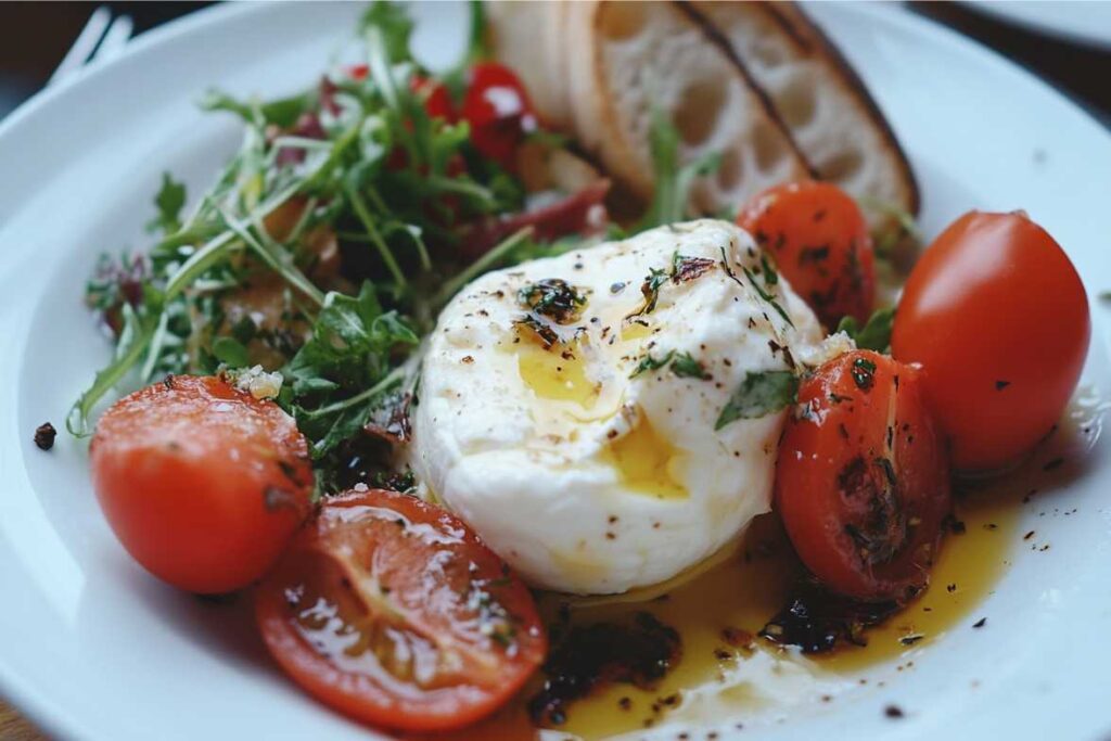 Burrata cheese served with cherry tomatoes, mixed greens, and a drizzle of olive oil.