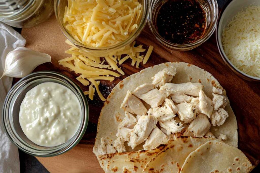 Ingredients for cheesy garlic chicken wraps, including shredded cheese, cooked chicken, garlic, sauces, and tortillas on a wooden board.