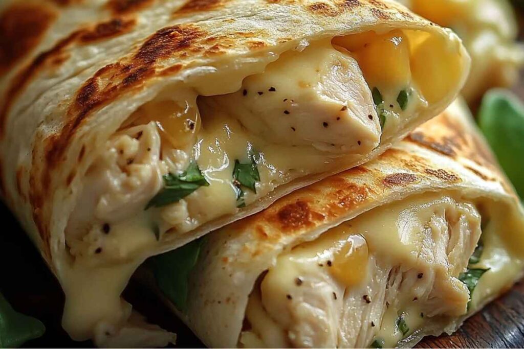 Cheesy garlic chicken wraps with golden-brown crispy tortillas, tender chicken, melted cheese, and fresh herbs.