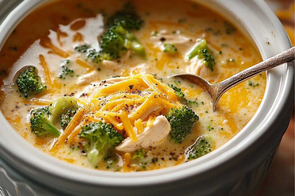 A close-up of creamy chicken broccoli cheddar soup with shredded cheddar cheese and fresh broccoli, served in a bowl with a spoon.