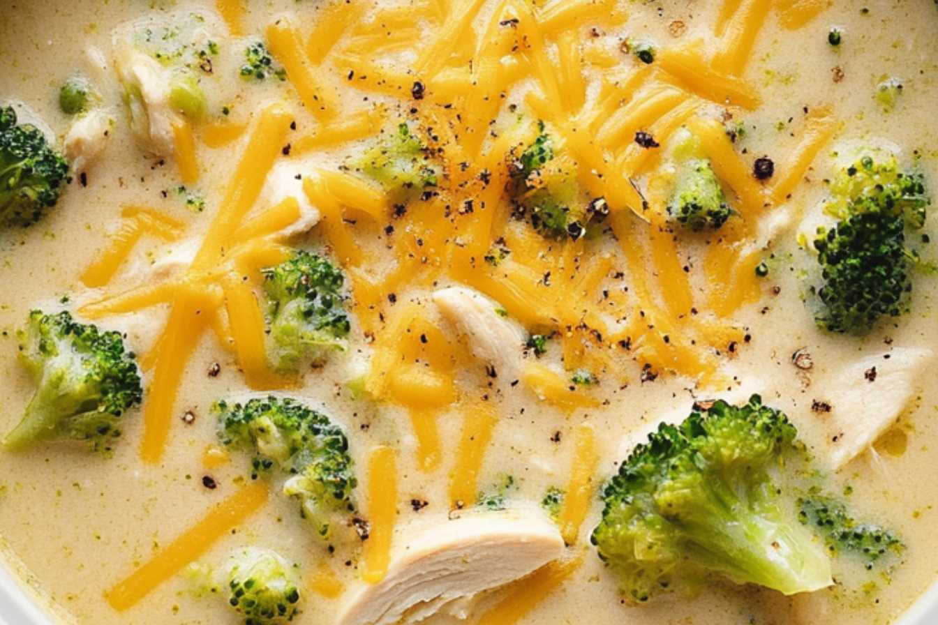 A bowl of creamy chicken broccoli cheddar soup with shredded cheddar cheese topping.