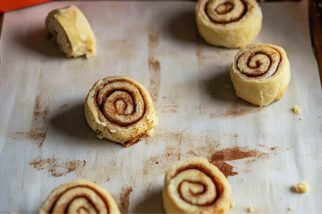 Unbaked cinnamon rolls arranged on a parchment-lined baking sheet, ready for the oven.