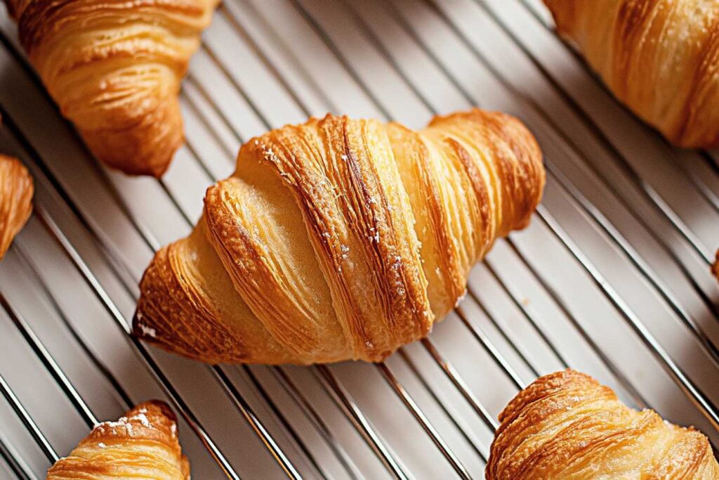 Golden, flaky Italian cornetti pastries cooling on a wire rack.