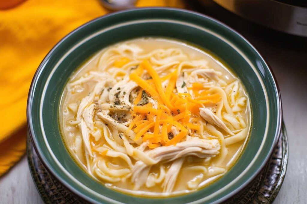 Crack Chicken Noodle Soup with shredded chicken and cheddar cheese