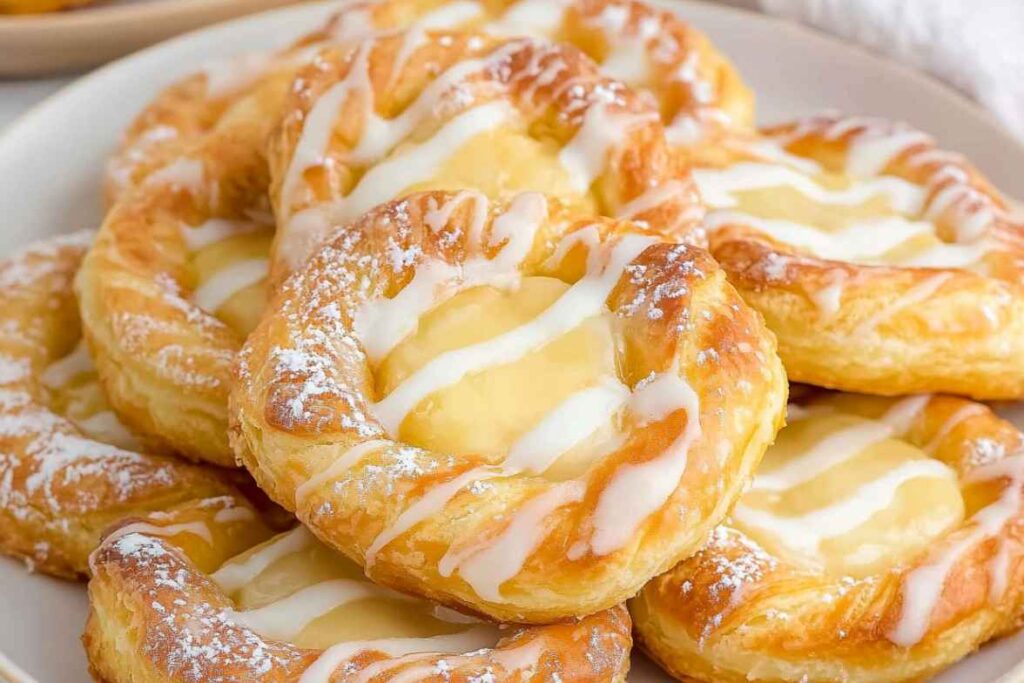 Plate of golden, flaky Danish pastries topped with creamy custard and drizzled with icing sugar.