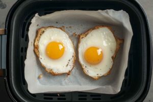 Two fried eggs cooked on parchment paper inside an air fryer basket. Are Eggs Good in the Air Fryer?