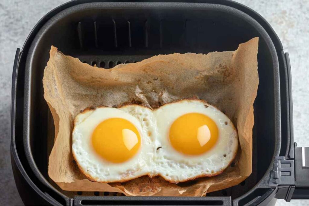 Two sunny-side-up eggs cooked on parchment paper in an air fryer basket.