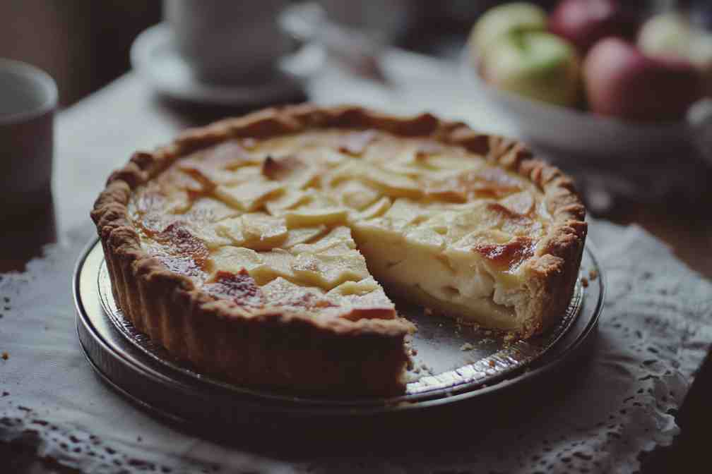 French apple pie with a slice removed, showing a golden crust and apple filling.