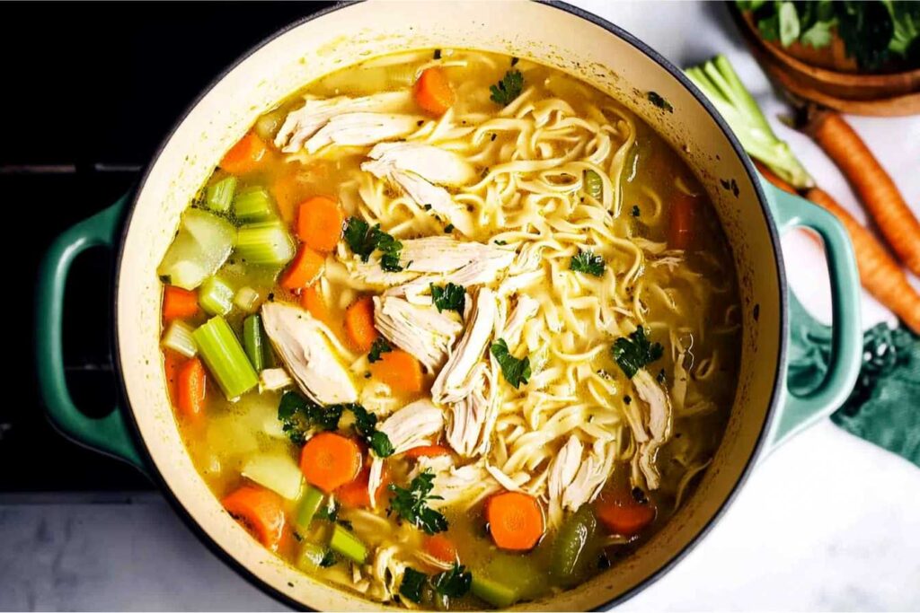 A pot of ginger chicken noodle soup with shredded chicken, noodles, carrots, celery, and fresh parsley in a flavorful broth.