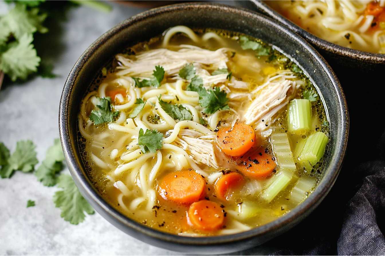 A bowl of ginger chicken noodle soup with shredded chicken, noodles, carrots, celery, and fresh cilantro garnish.