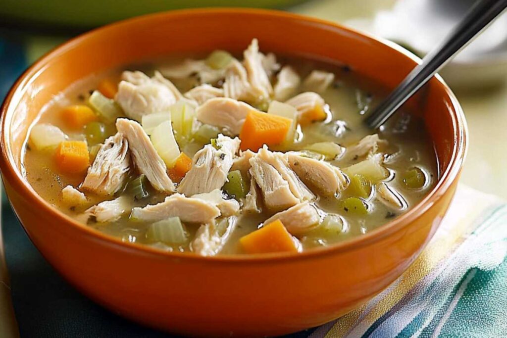 Delicious bowl of Grandma's Chicken Soup with carrots, celery, and tender chicken.