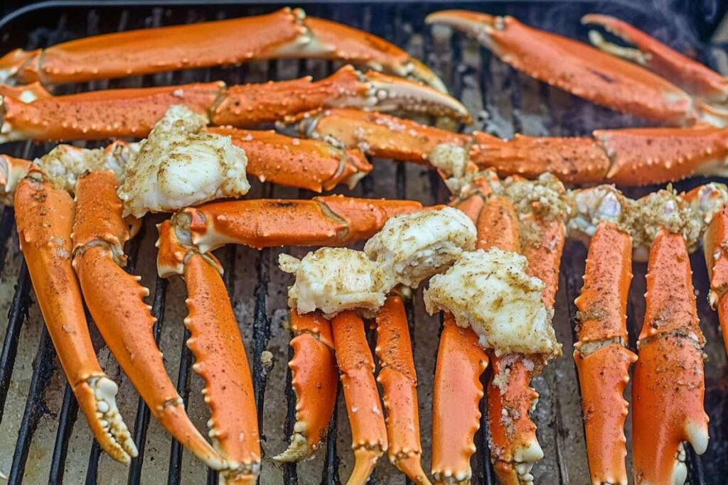 Grilled snow crab legs on a barbecue grill with seasoning and spices.