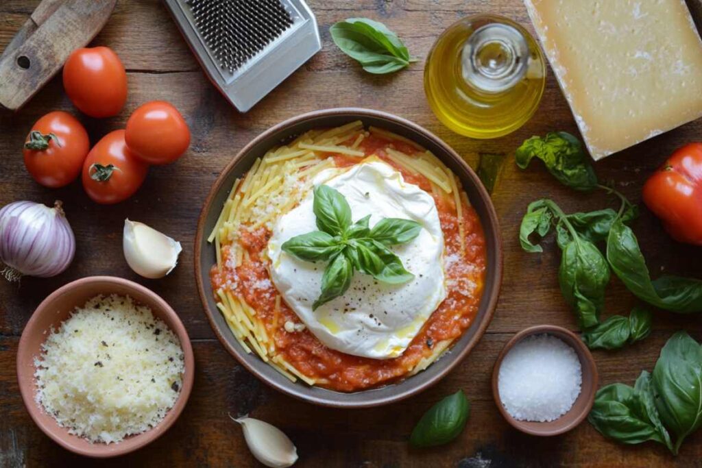 A bowl of pasta topped with burrata cheese and fresh basil, surrounded by fresh ingredients including tomatoes, garlic, Parmesan cheese, olive oil, and basil leaves.