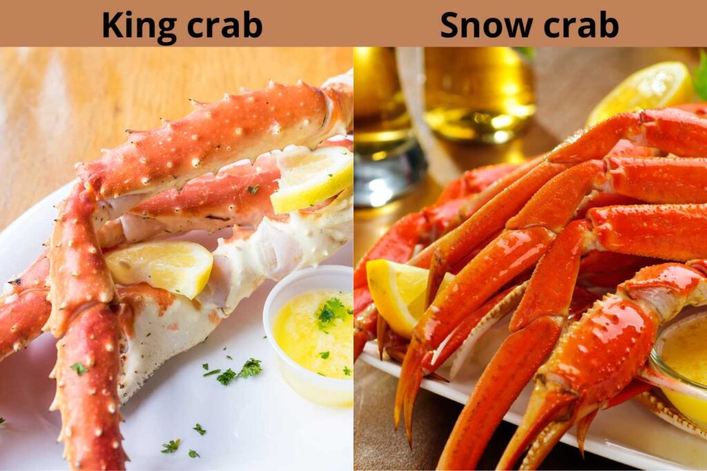 What's better king crab or snow crab?, showcasing their size, color, and presentation with lemon and butter on a plate.