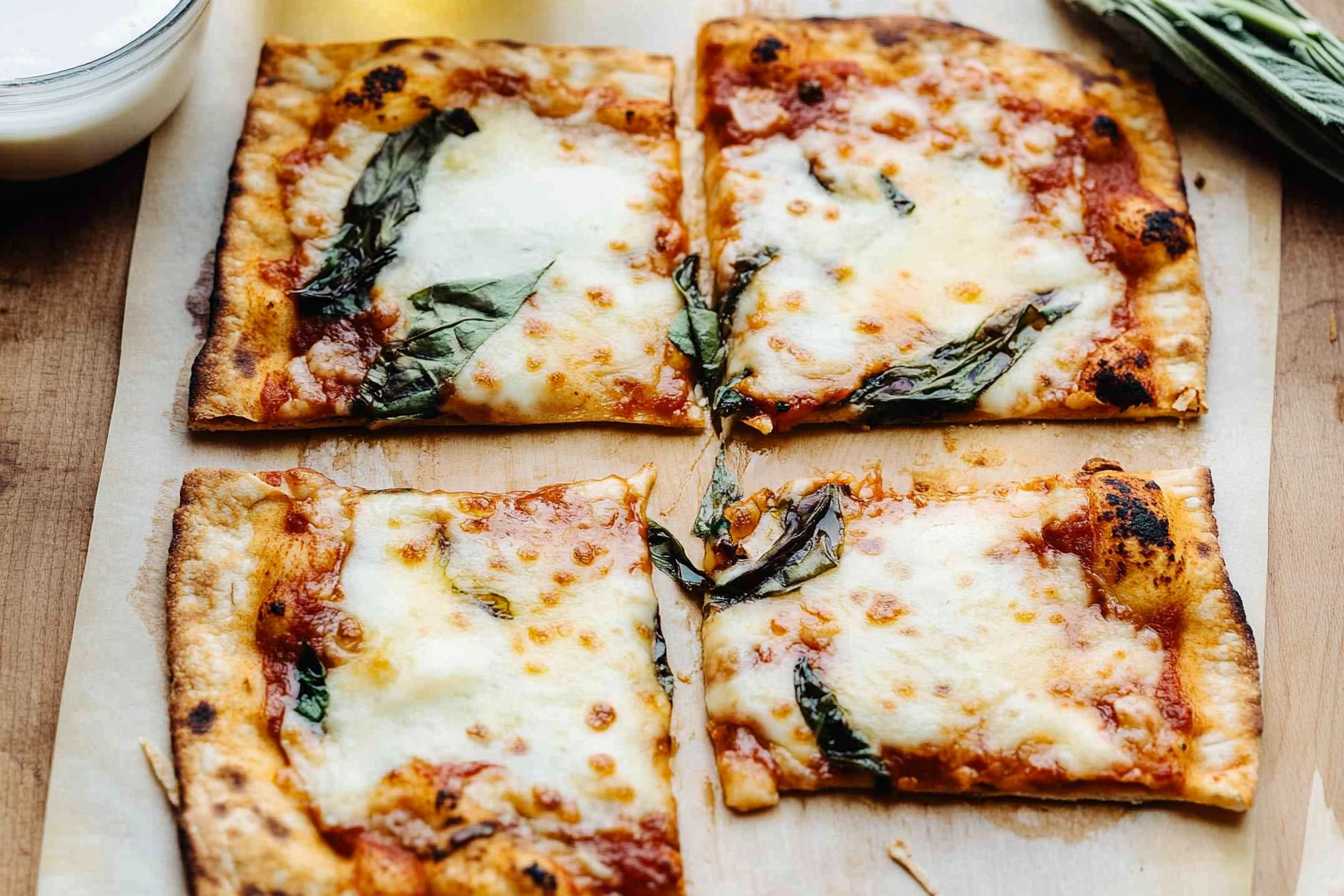 Lavash bread pizza topped with melted cheese and fresh basil leaves, cut into four squares.