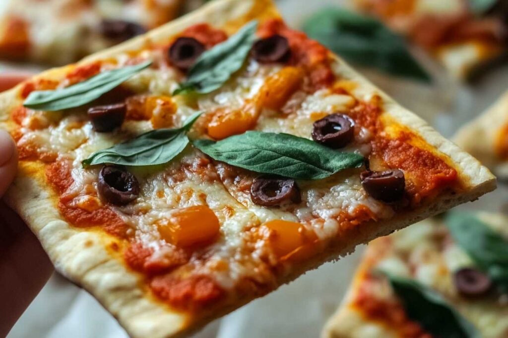 A slice of lavash bread pizza topped with fresh basil, olives, and melted cheese.