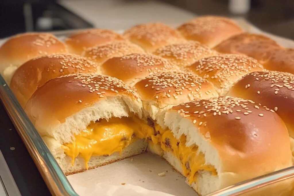 Mini burgers baked with Hawaiian bread and melted cheese.