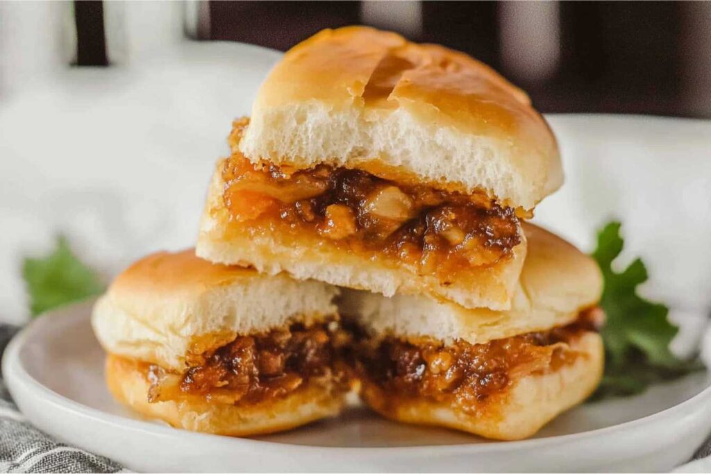 Mini burgers with Hawaiian bread filled with caramelized onions and sauce.