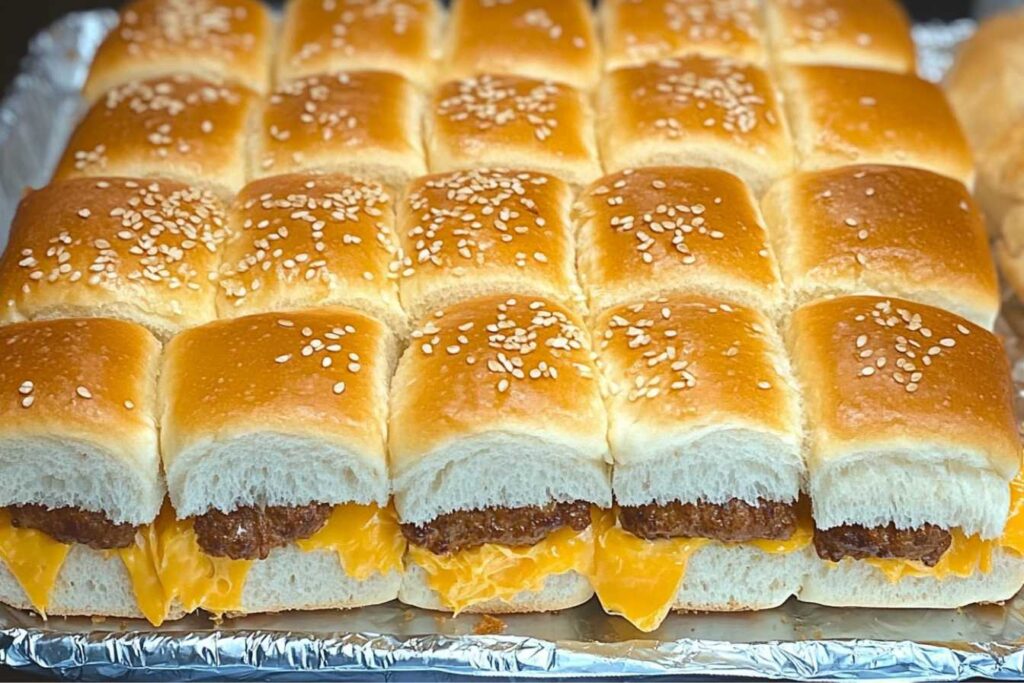 Mini burgers with Hawaiian bread topped with sesame seeds and melted cheese.