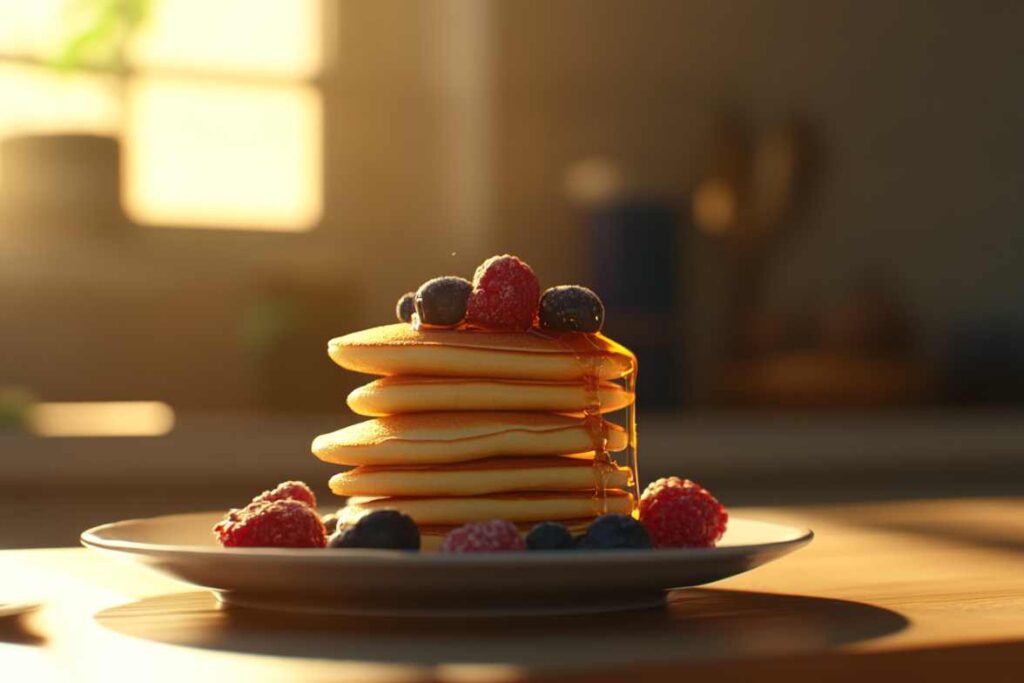 A stack of golden pancakes topped with fresh raspberries, blueberries, and a drizzle of syrup, glowing in warm morning sunlight.