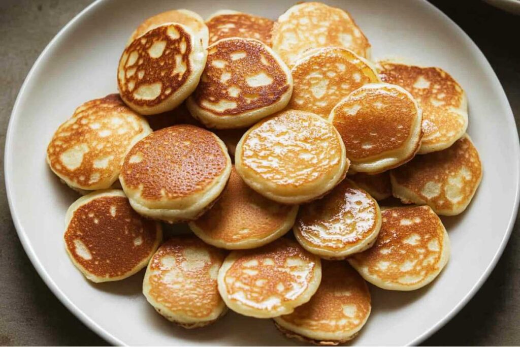 A plate full of golden, fluffy mini pancakes stacked beautifully.