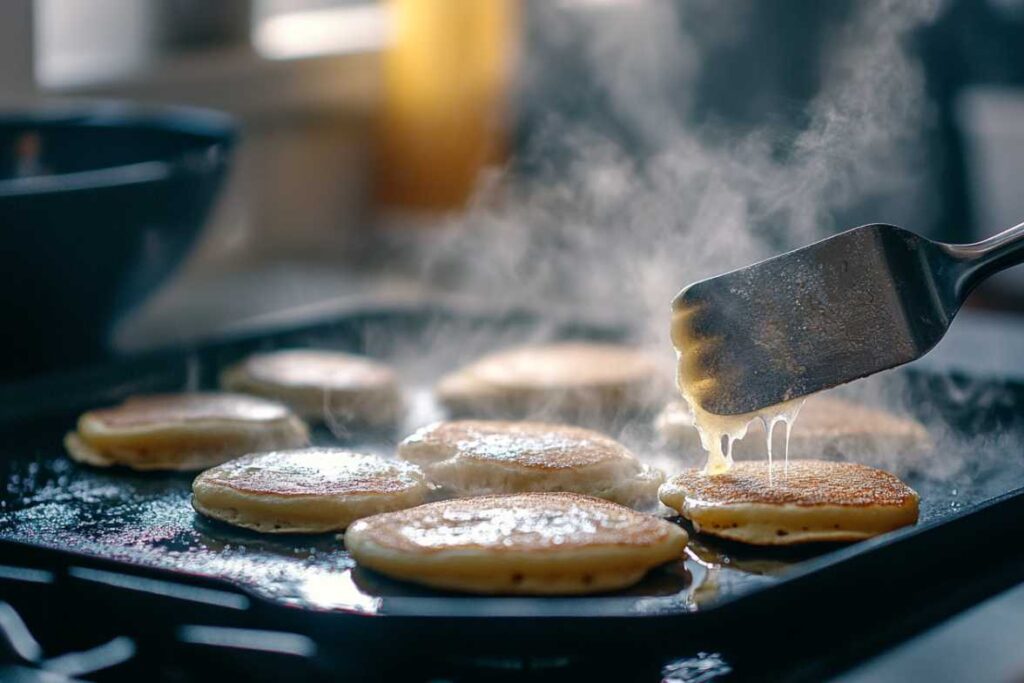 Mini pancakes cooking on a hot griddle, with steam rising and a spatula flipping one pancake.