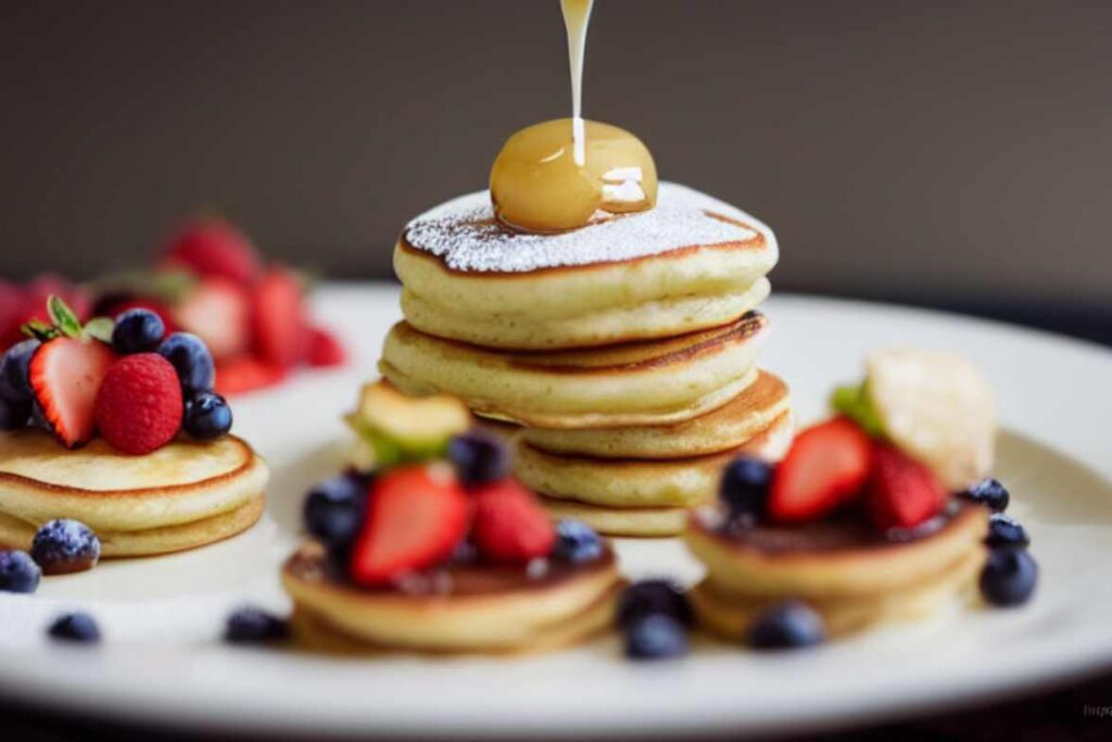 A stack of fluffy mini pancakes topped with powdered sugar, fresh berries, and honey drizzle, surrounded by additional pancakes with fruit toppings.